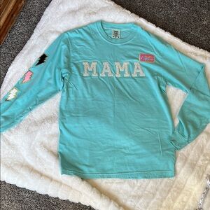 Women’s comfort colors Aqua Long Sleeve Shirt with iron on patches
